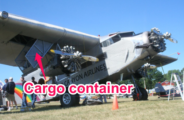 cargo container in the wing of a ford trimotor